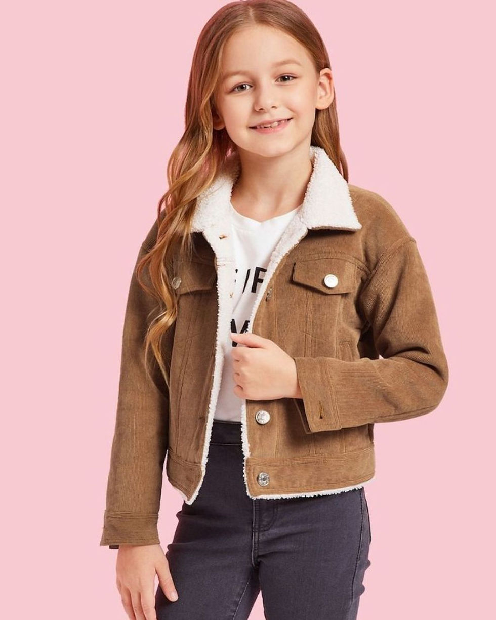 Girls' Brown Corduroy Sherpa-Lined Jacket with Button-Closure Flap Pockets
