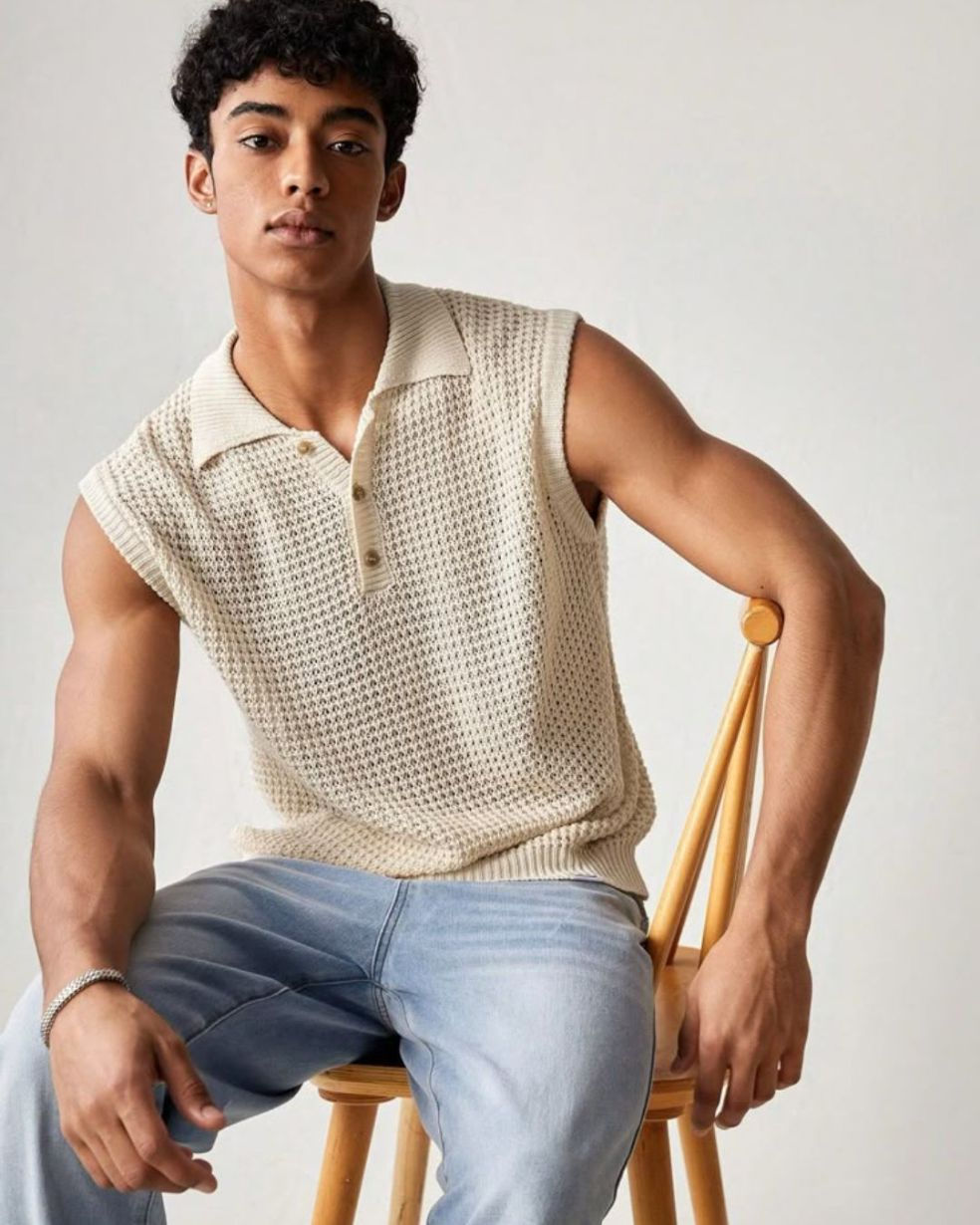 Boys' Sleeveless Knit Polo Shirt in Cream