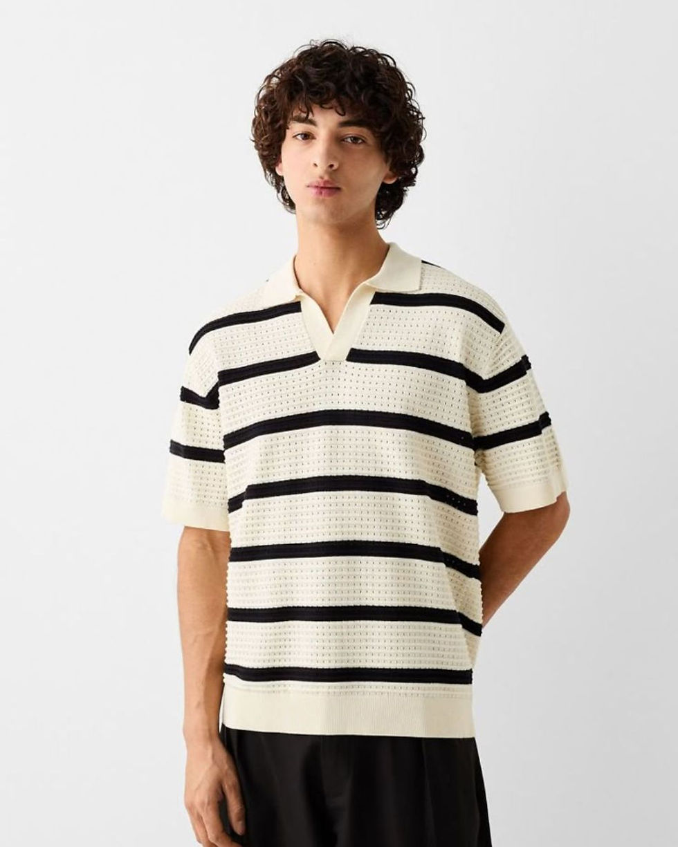 Boys' Striped Knitted Polo Shirt with Perforated Fabric Design