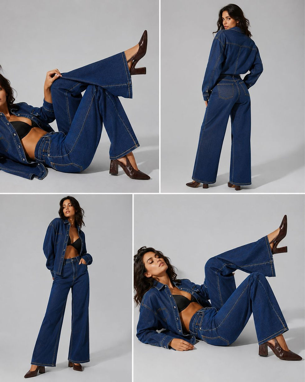 Glitter Denim Oversized Shirt & Wide-Leg Jeans Co-ord Set