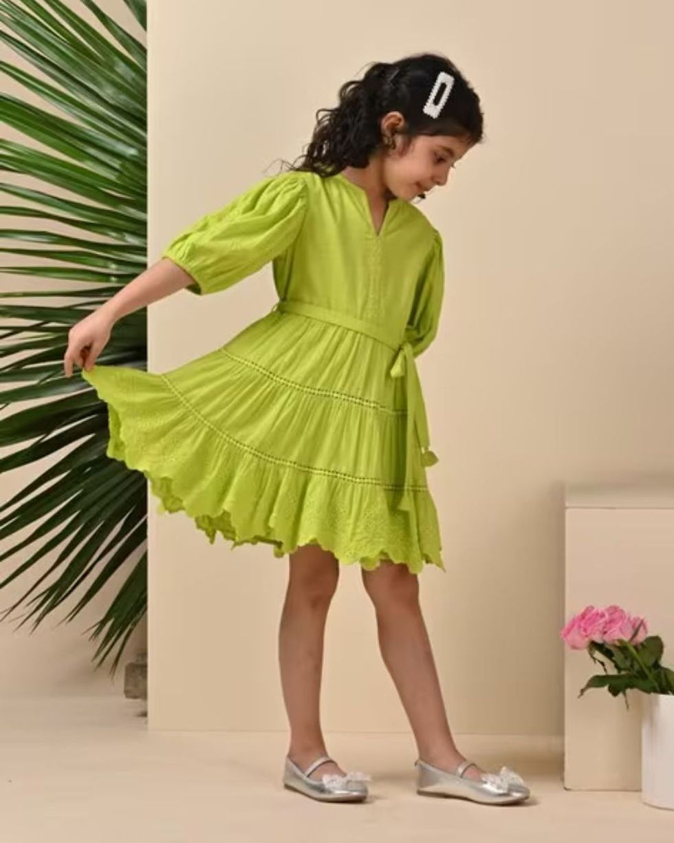 Elegant Girls' Cotton Boho Dress – Puff Sleeves & Ruffle Hem for Stylish Comfort