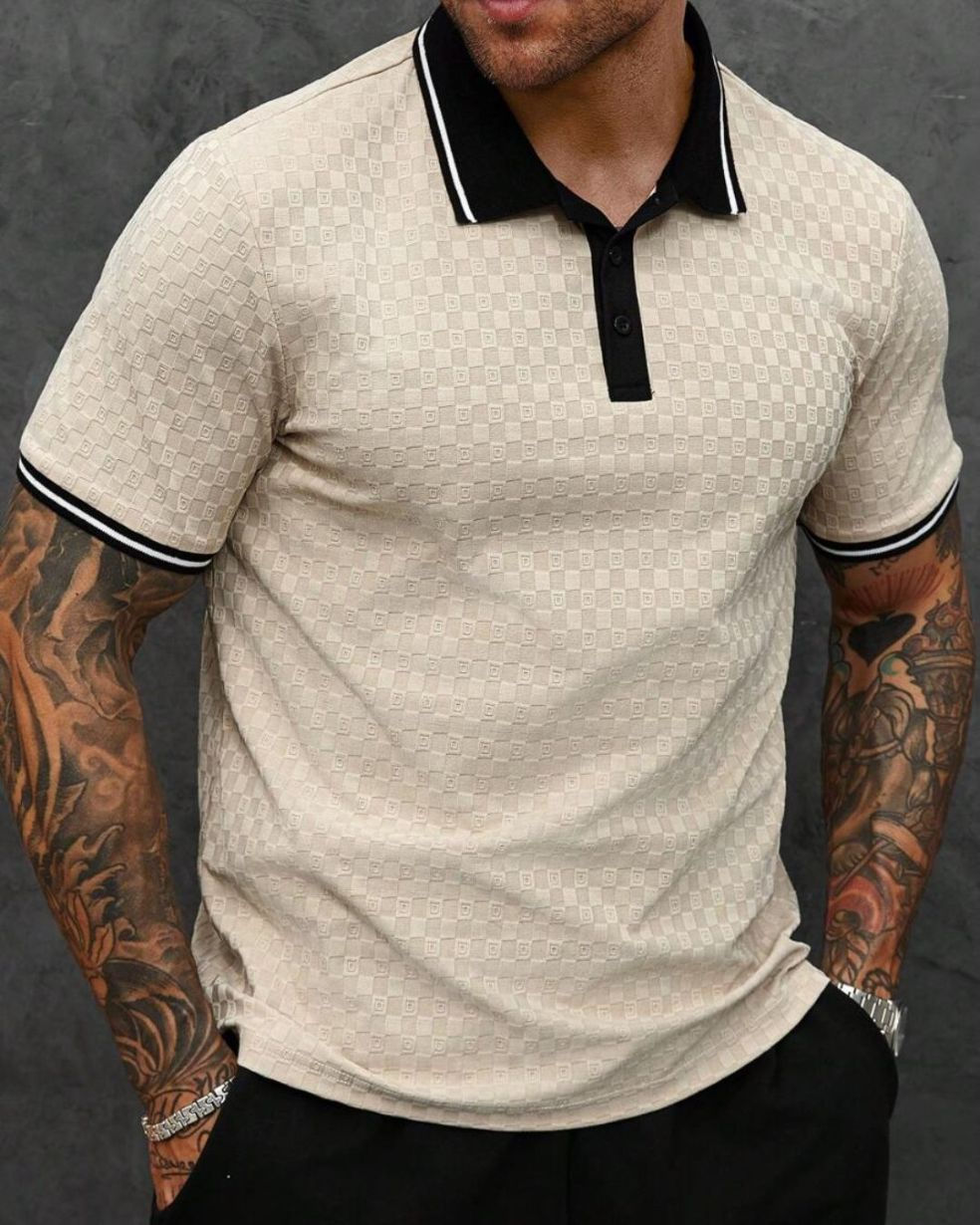 Men's Beige Polo Half-Sleeves T-Shirt with Black Collar and Sleeve Trim