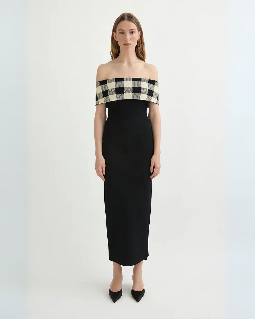 Thumbnail: Off-Shoulder Midi Dress with Checkered Contrast Yoke and Slim | Made-to-Order