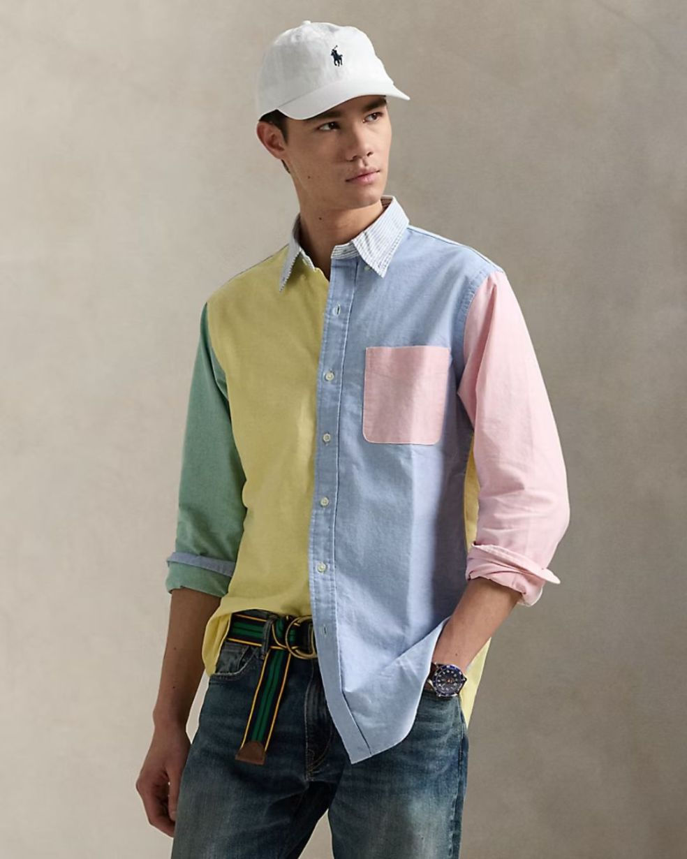 Men’s Colorblock Linen Casual Shirt Customizable Button-Down with Bold Contrast
