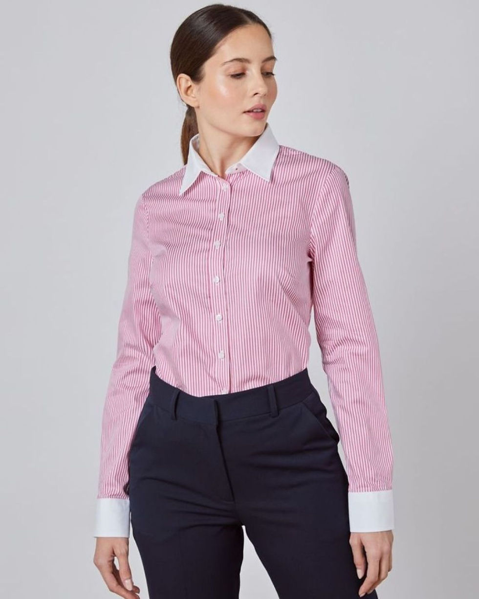 Premium Yarn-Dyed Pink-Striped with Contrast Collar & Cuffs