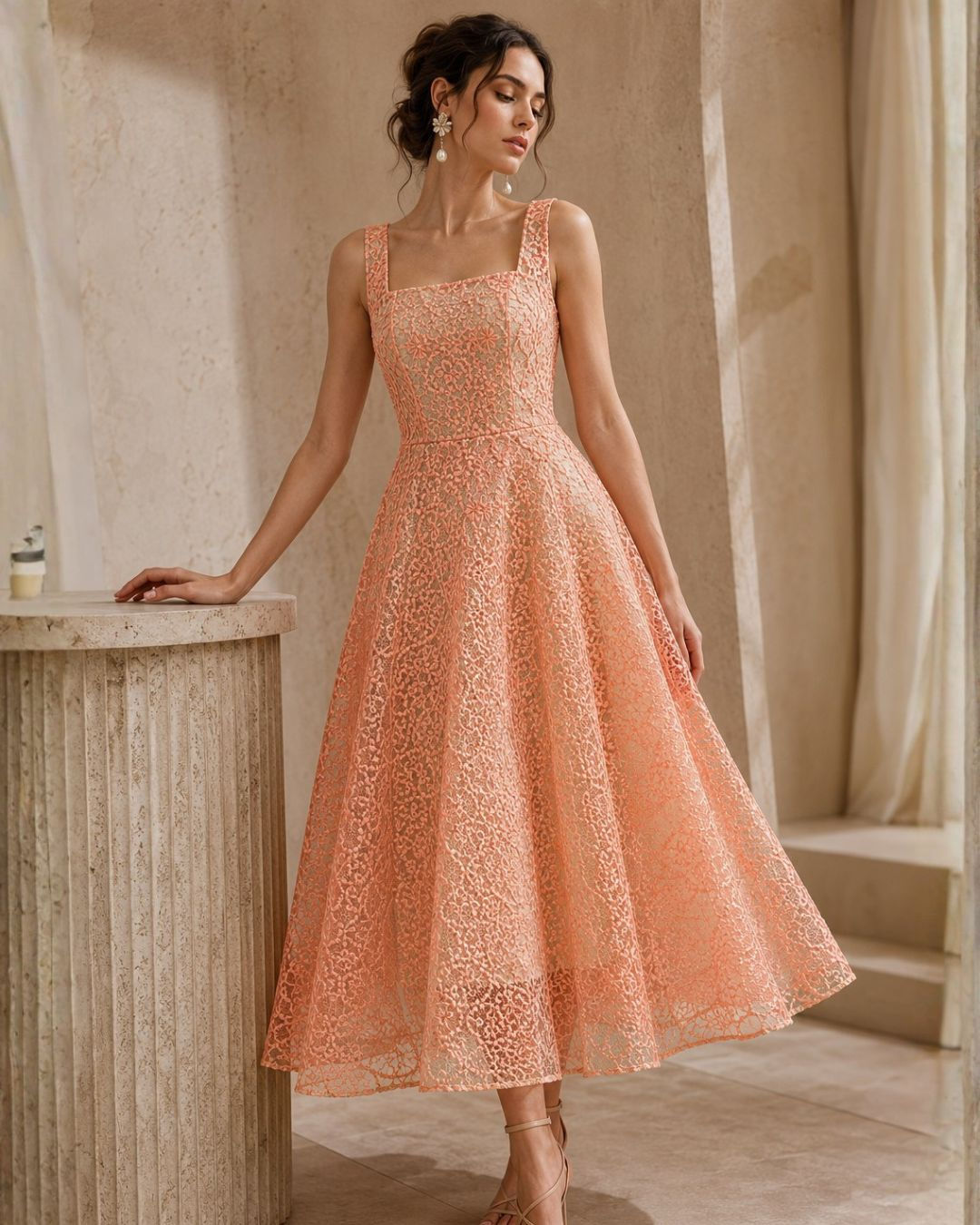 Women's Premium Floral Lace Overlay Midi Dress for Occasionwear Brands