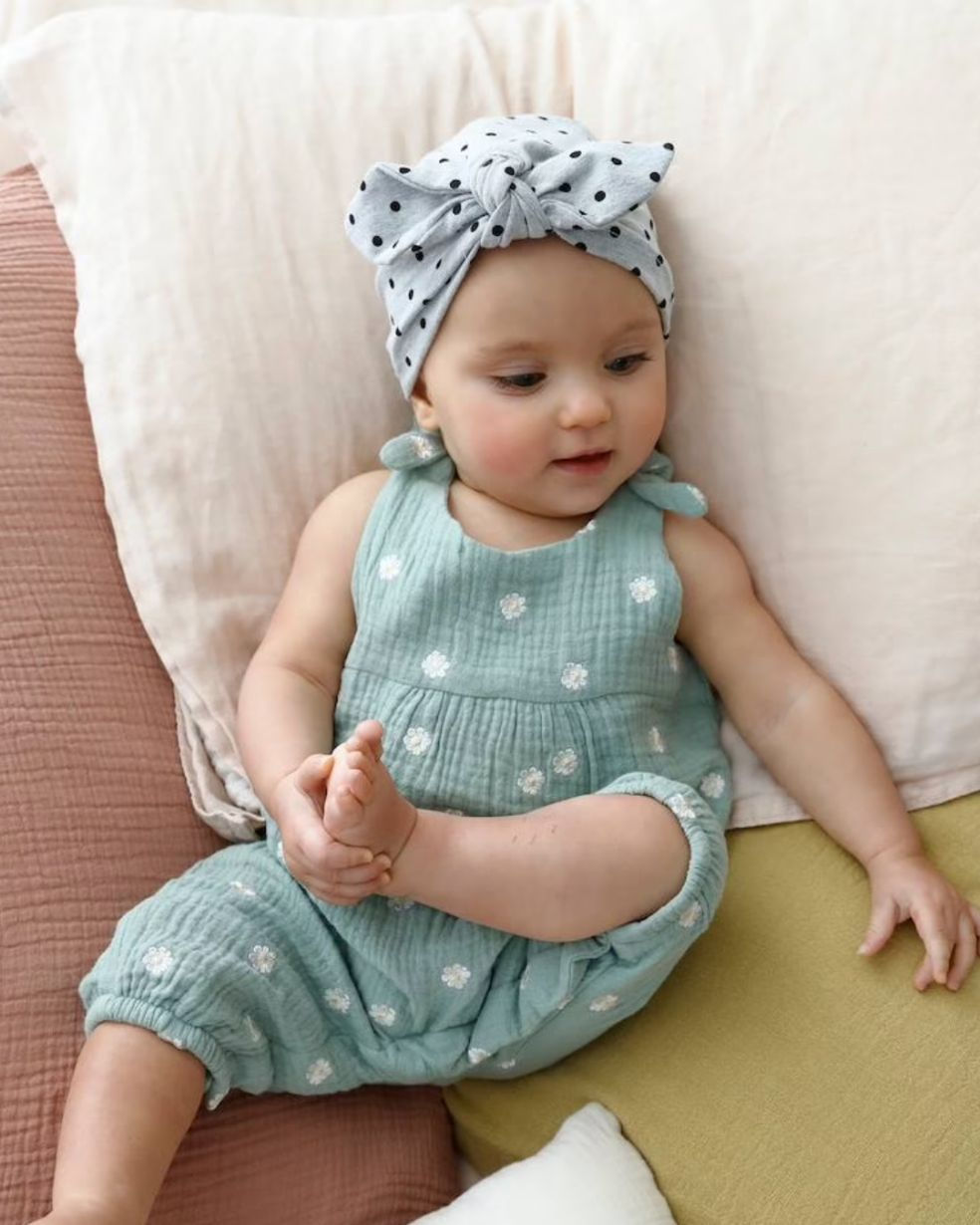 Custom Baby Girl Cotton Gauze Jumpsuit – Floral Embroidered, Soft & Breathable
