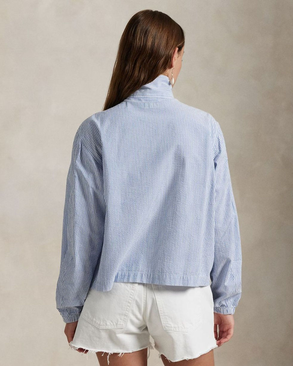 Thumbnail: Women's Premium Blue Striped High-Collar Jacket with Pockets