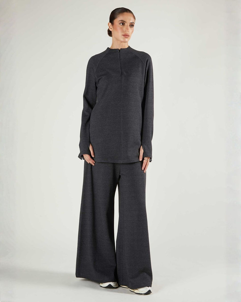 Thumbnail: Modest Longline Half-Zip Tunic Top with Wide-Leg Pants for Modest | White Label