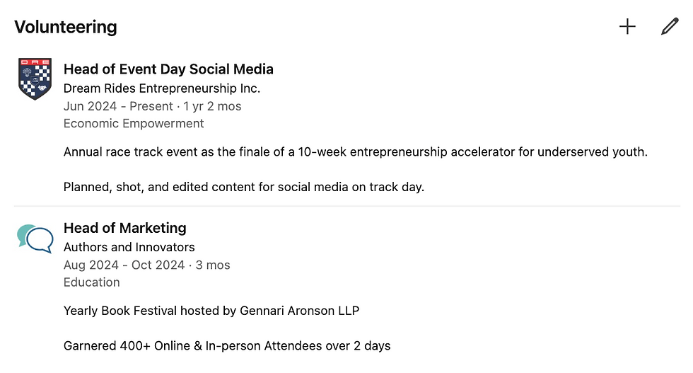 Jake Ross' Volunteering Section on LinkedIn