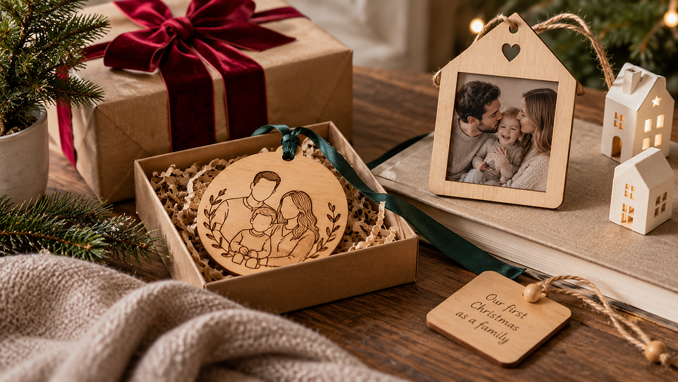 Family Reimagined — персоналізовані дерев'яні ялинкові прикраси, сімейна фоторамка та подарункове пакування до свят у стилі Etsy 2026.