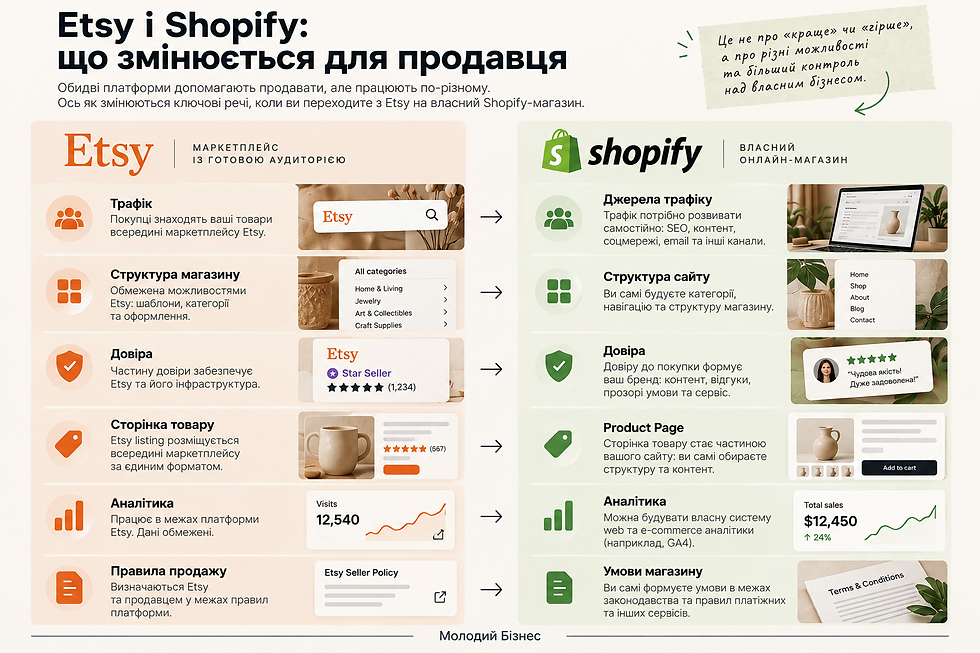 Інфографіка Etsy vs Shopify: порівняння трафіку, структури магазину, довіри, сторінок товарів, аналітики та умов продажу.
