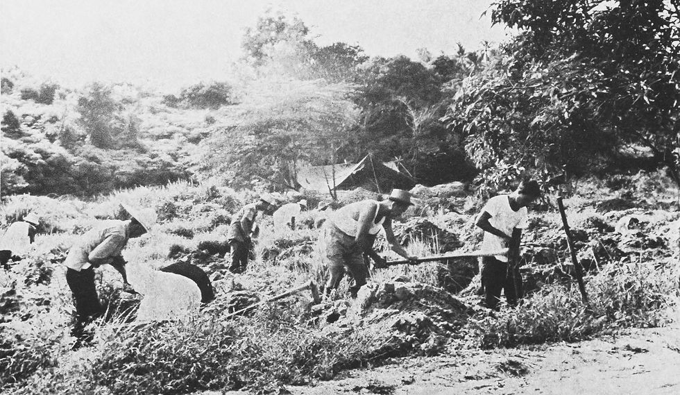 惹兰培本的居民正在寻找和挖掘被杀害者骨骸的情景