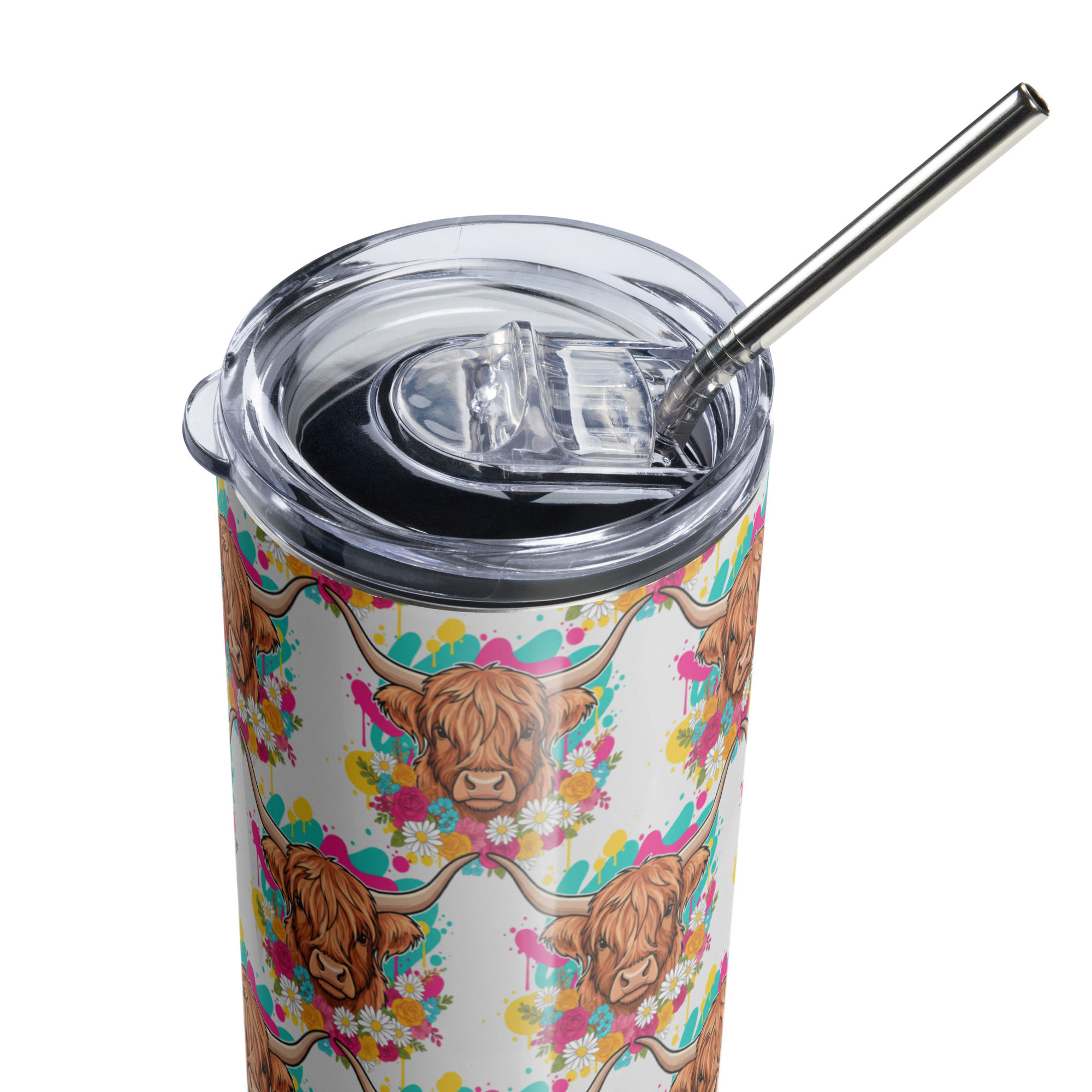 Floral Highland Cow Stainless steel tumbler