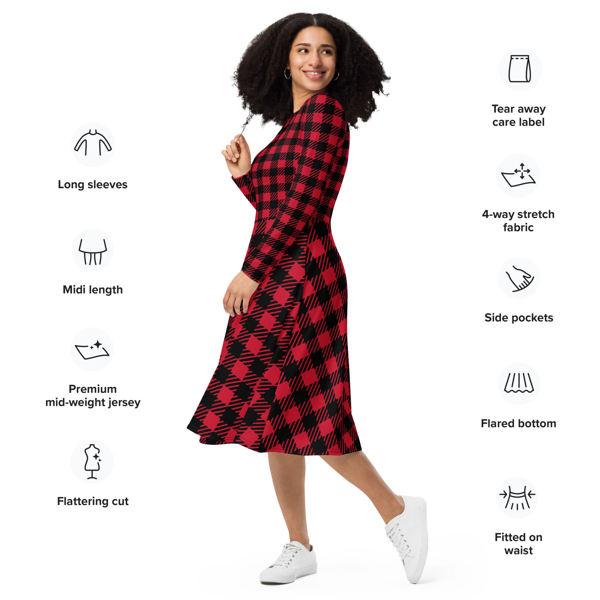 Red Tartan Print All-over print long sleeve midi dress