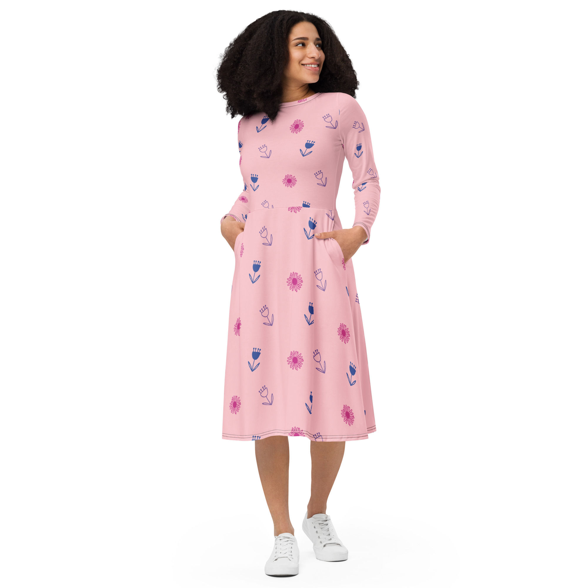 Pink Floral All-over print long sleeve midi dress