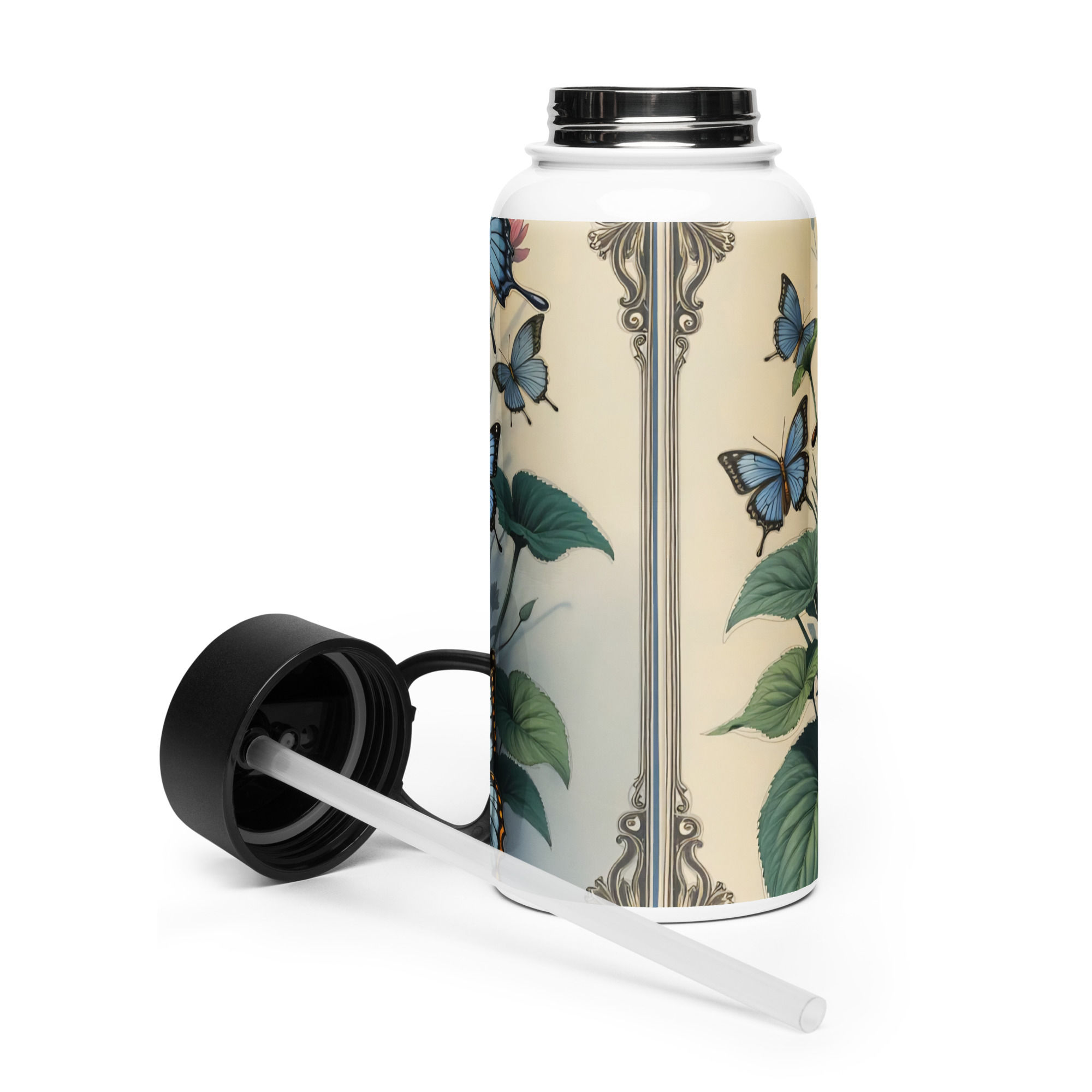 Stainless steel Butterfly Skull water bottle with a straw lid