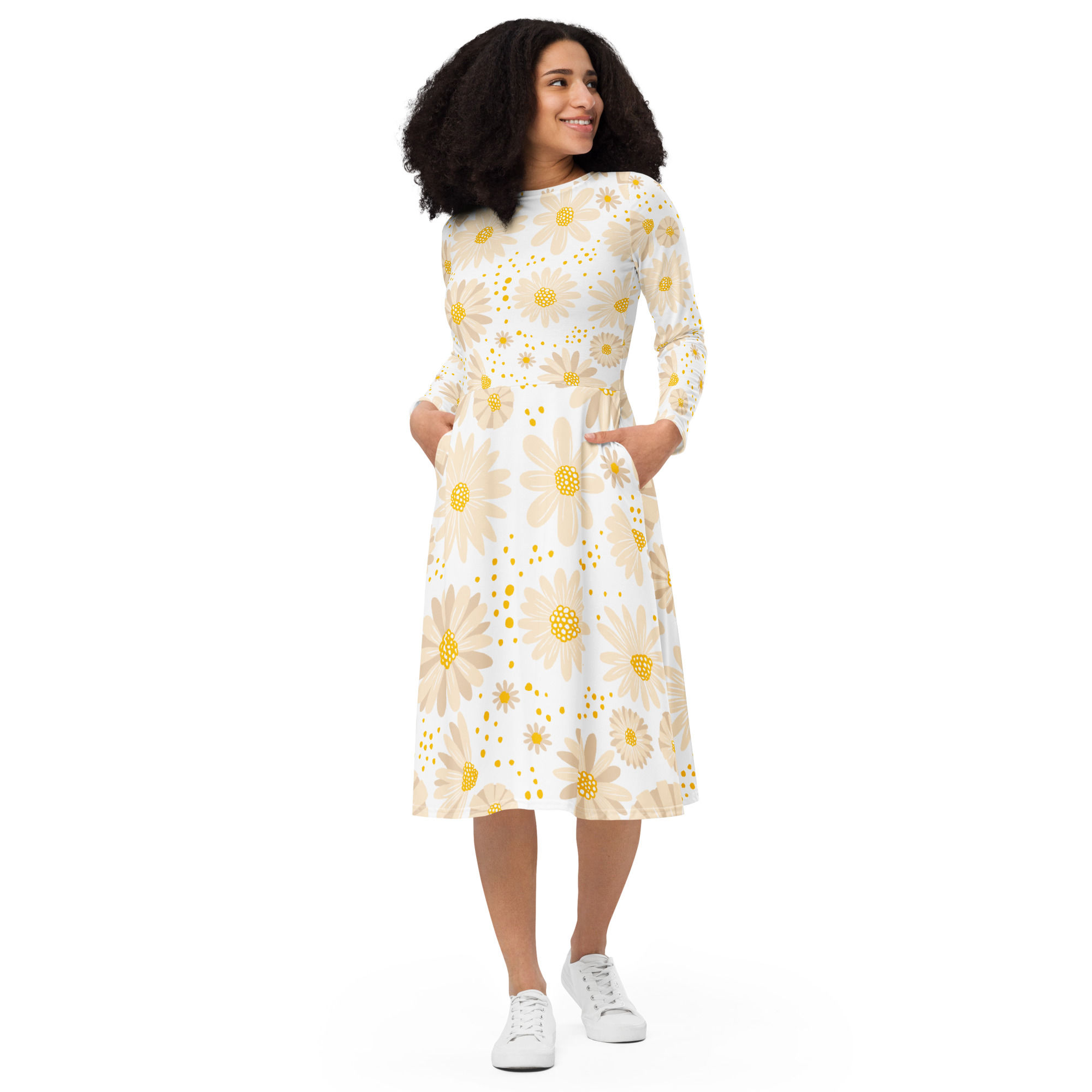 Yellow Floral All-over print long sleeve midi dress