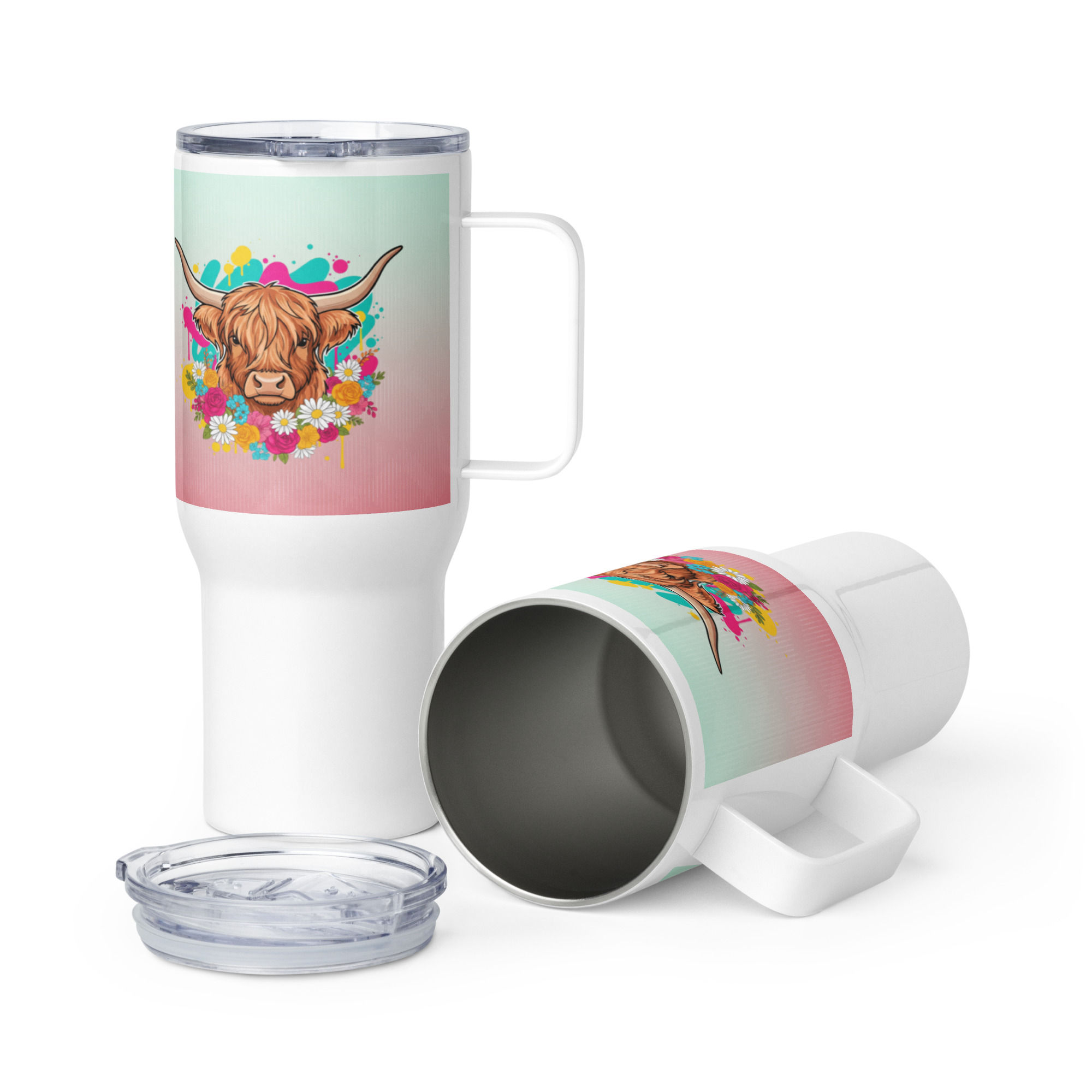 Floral Highland Cow Travel mug with a handle