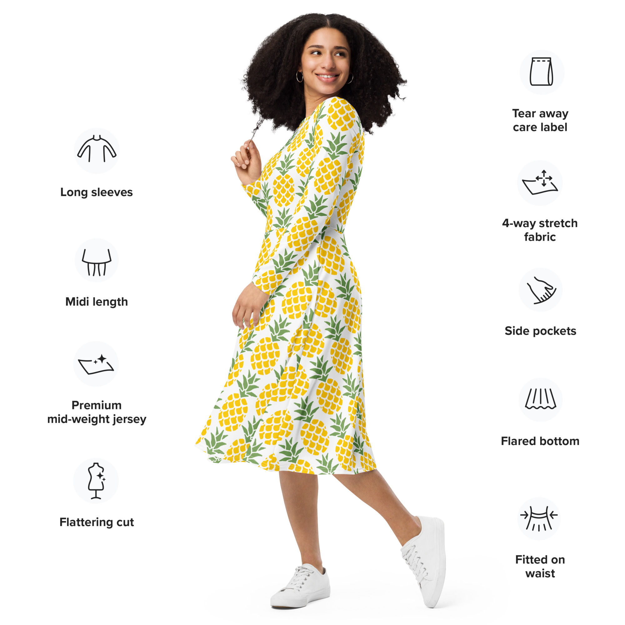 Pineapple All-over print long sleeve midi dress