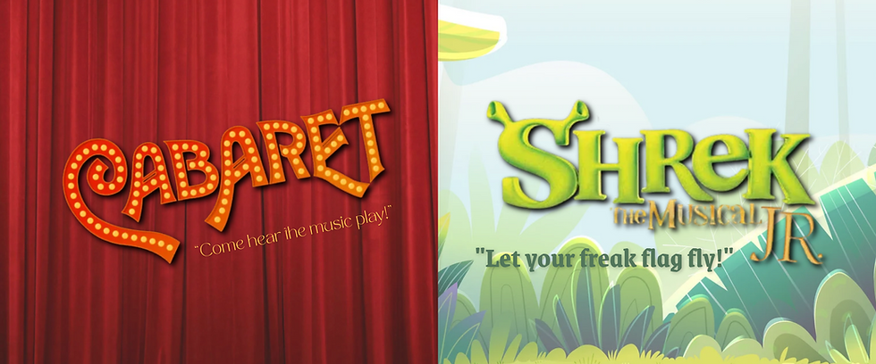 Logos for Cabaret and Shrek The Musical JR