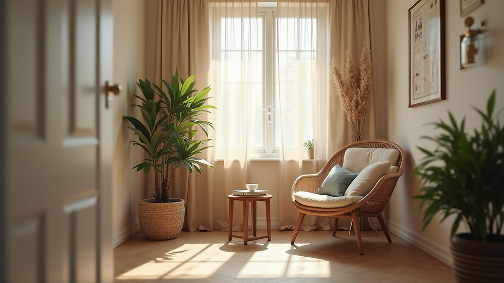 Eye-level view of a quiet therapy room with a comfortable chair and soft lighting