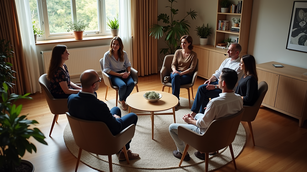 High angle view of a cozy group therapy session with chairs arranged in a circle