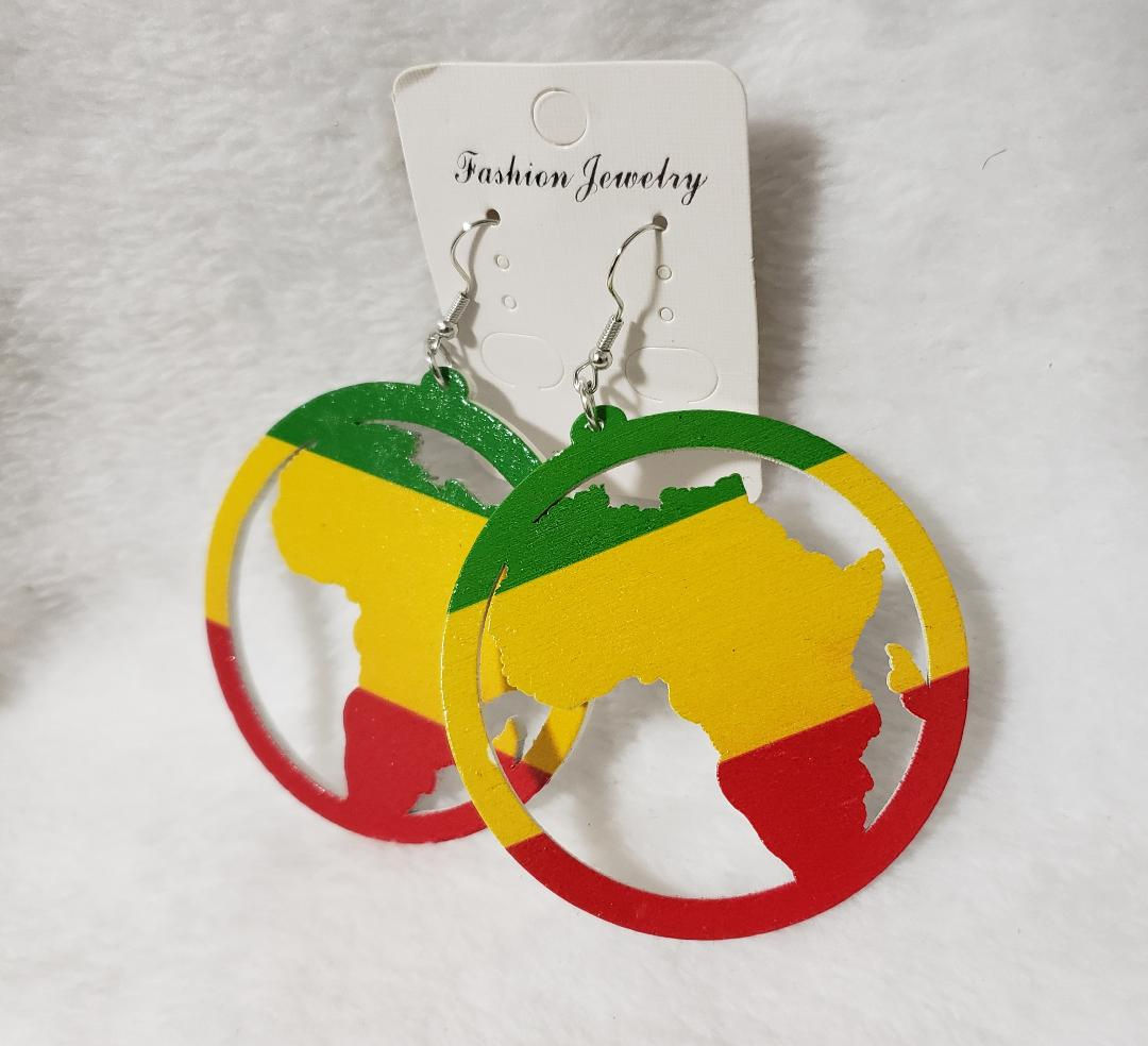 African continent earrings, wooden, red, yellow, green