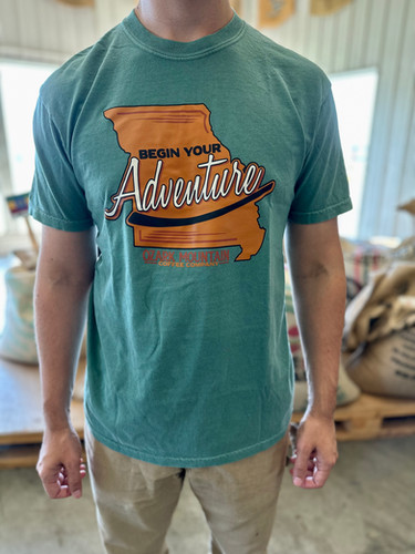 BEGIN YOUR ADVENTURE TSHIRT - TEAL | Ozark Mountain Coffee Co.
