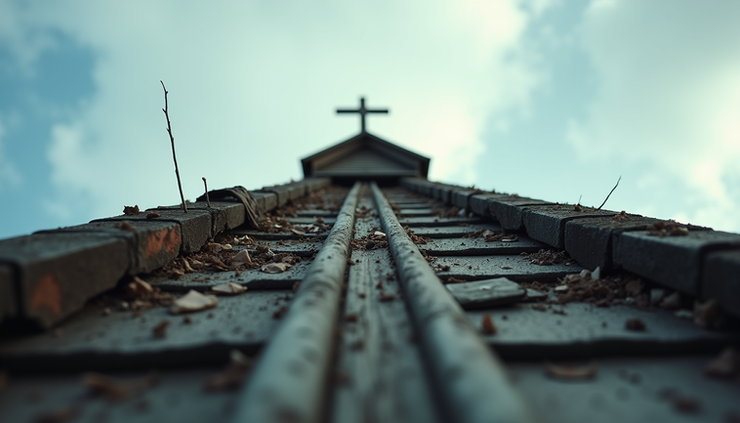 Eye-level view of a church building roof with visible storm damage