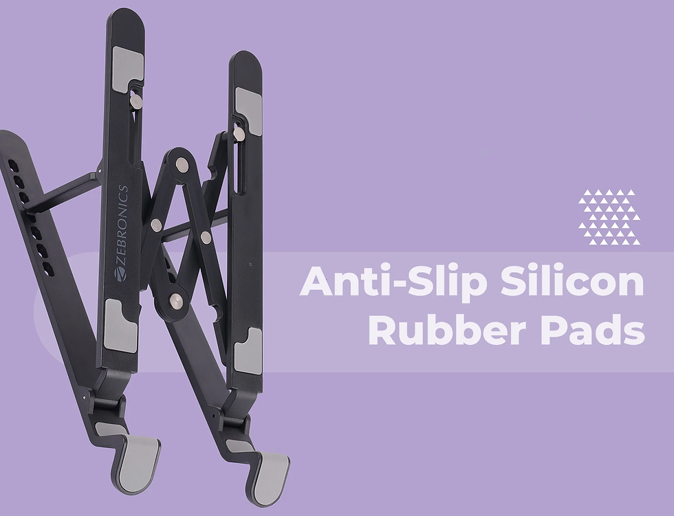 Black adjustable stand with anti-slip silicone pads on a purple background. Text reads "Anti-Slip Silicon Rubber Pads."