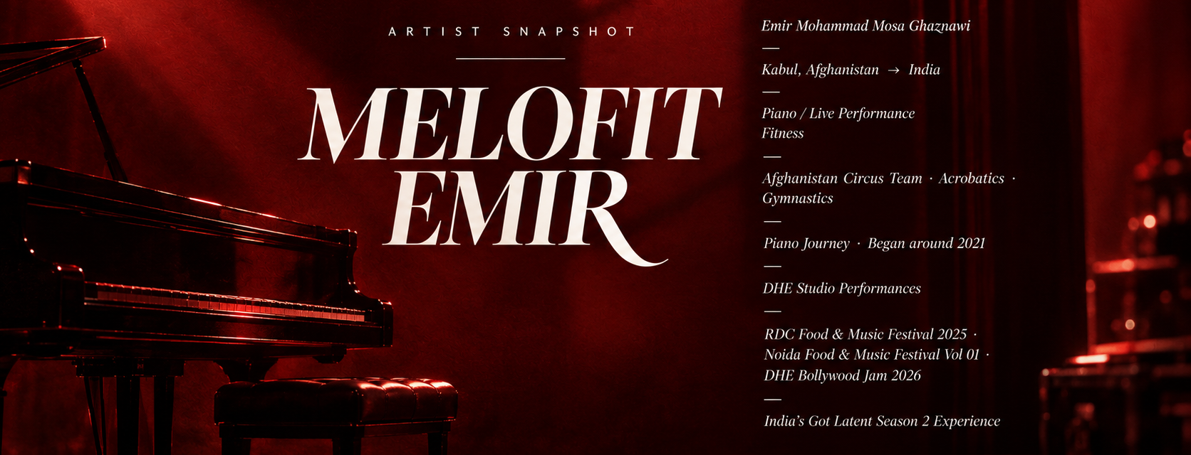 Red stage poster with grand piano and bench, titled MELOFIT EMIR, listing Emir Mohammad Mosa Ghaznawi and performance credits