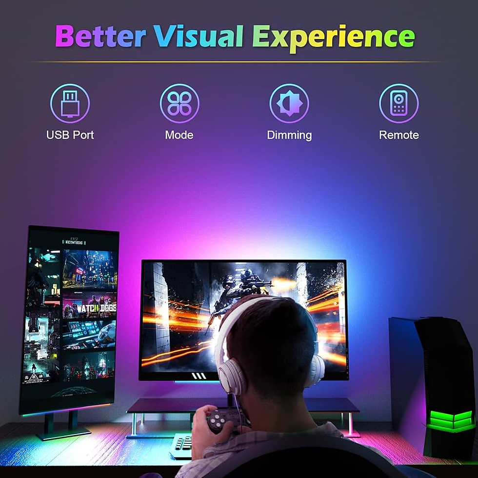 Gamer wearing headphones plays on dual monitors with vivid neon lighting. Text reads "Better Visual Experience." Mood is engaging and techy.