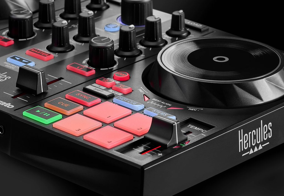 Close-up of a DJ controller with colored pads, knobs, and a platter. Text "Hercules" visible. Black background; vibrant, tech-focused mood.