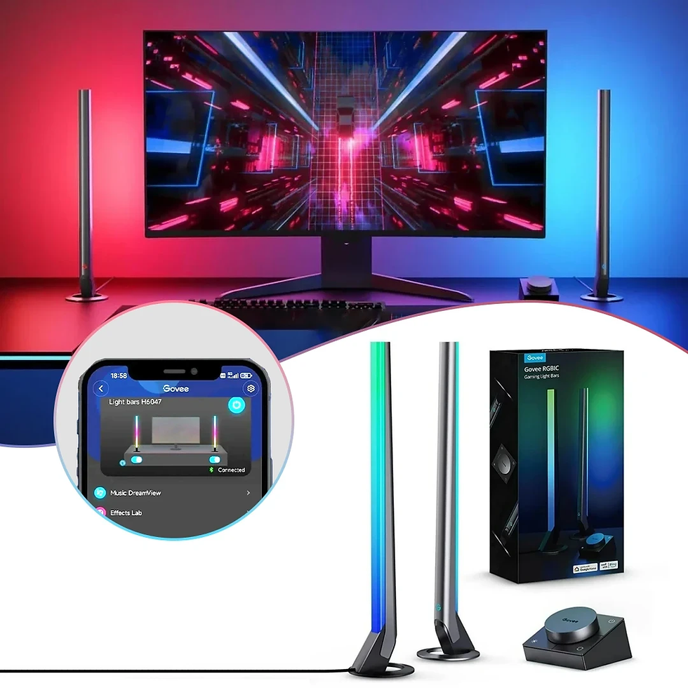 RGB light bars illuminate a monitor displaying a vibrant tech scene. Govee app controls lights. Box and control hub shown nearby.