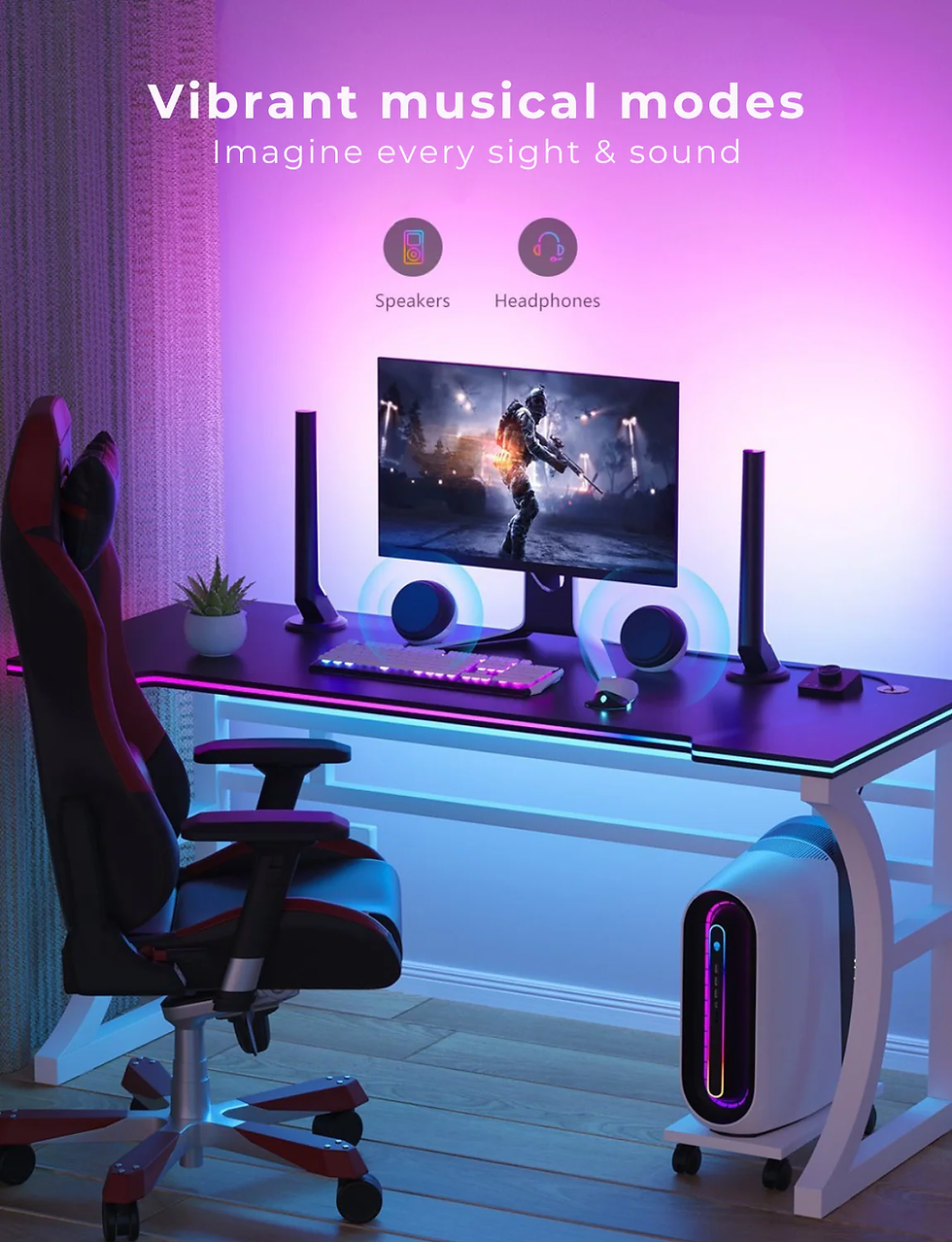 Gaming setup with RGB-lit desk, monitor, and chair. Text: "Vibrant musical modes." Speaker and headphone icons. Purple-pink ambient lighting.