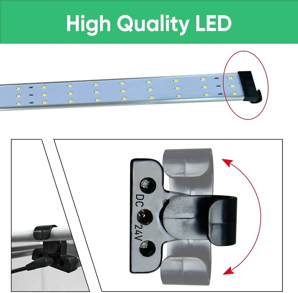 LED strip light with adjustable mount, labeled "High Quality LED" in green. Close-up shows "DC 24V" text and a swivel mechanism.