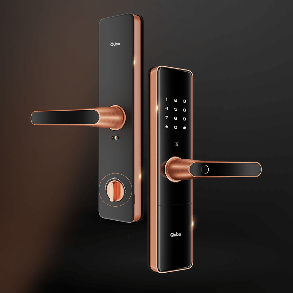 Copper and black smart door lock set against a dark background. Features touchpad numbers, sleek handles, and the brand name "Qubo."