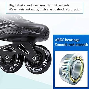 Black rollerblade with PU wheels and ABEC bearings, labeled "76 mm 90A." Text highlights high elasticity and smoothness on a white-blue background.
