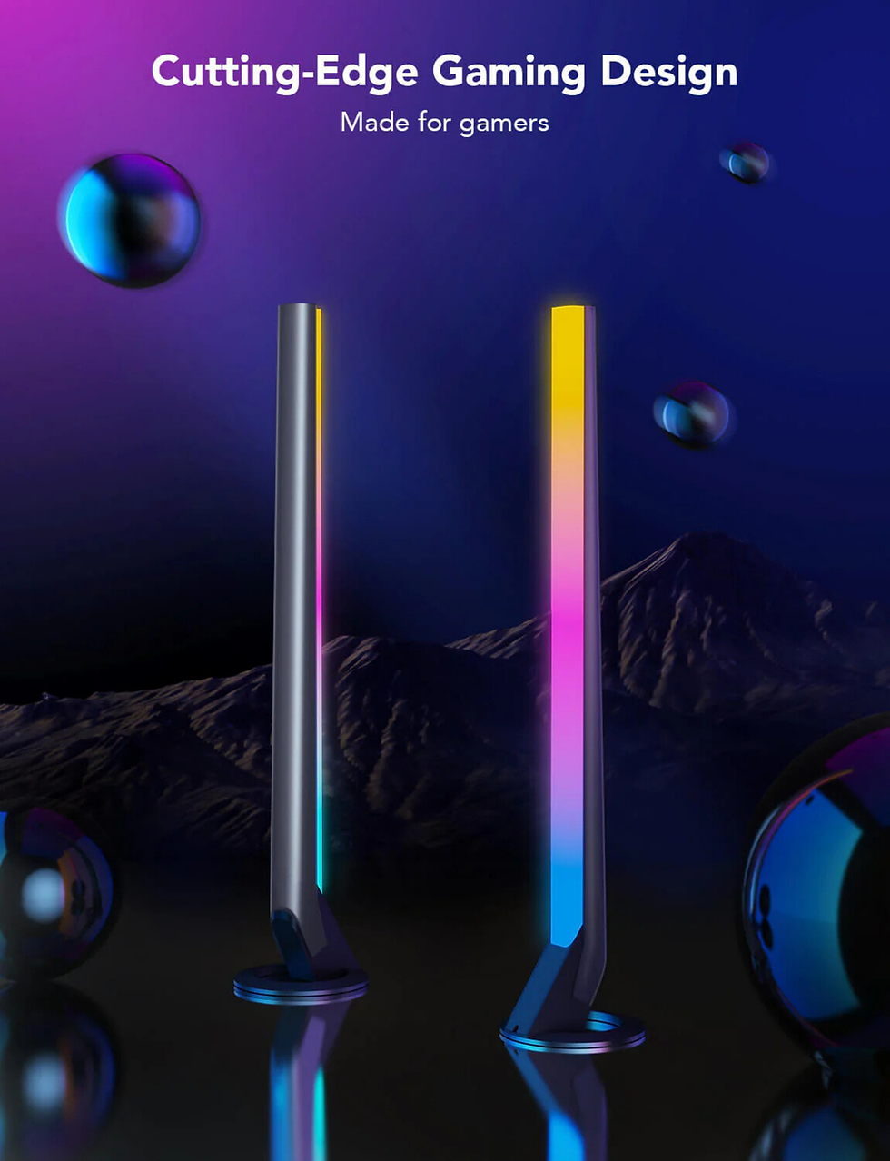 Two sleek, colorful LED towers stand against a dark, mountainous backdrop. Floating spheres surround them. Text: Cutting-Edge Gaming Design.
