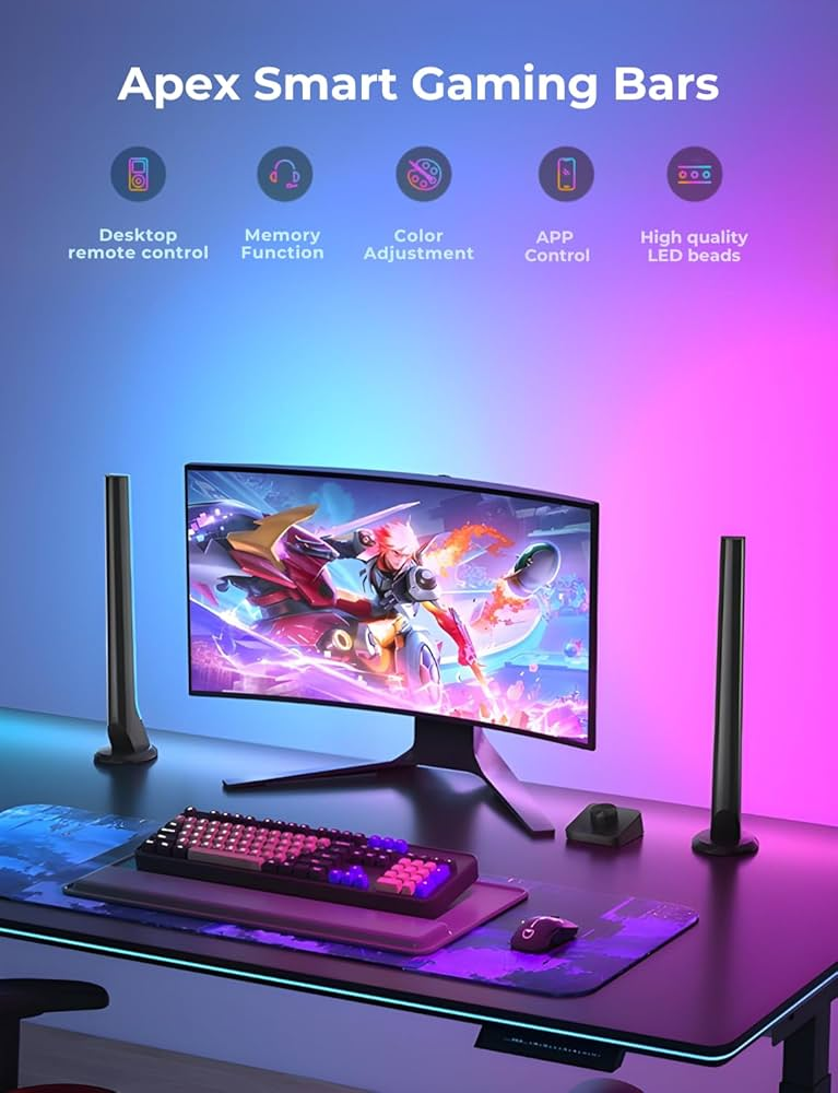 Gaming setup with curved monitor showing a game, RGB keyboard, mouse on a desk. Colorful LED bars surround. Text: Apex Smart Gaming Bars.