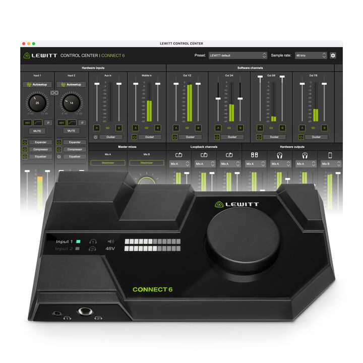 Black Lewitt audio interface with green accents in foreground. Control Center software with sliders and knobs in background. Text: Lewitt CONNECT 6.