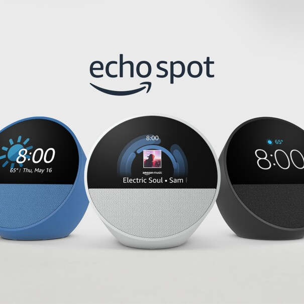 Three Echo Spot devices in blue, white, and black display time, weather, and music. Text: "echo spot" and song "Electric Soul - Sam F."