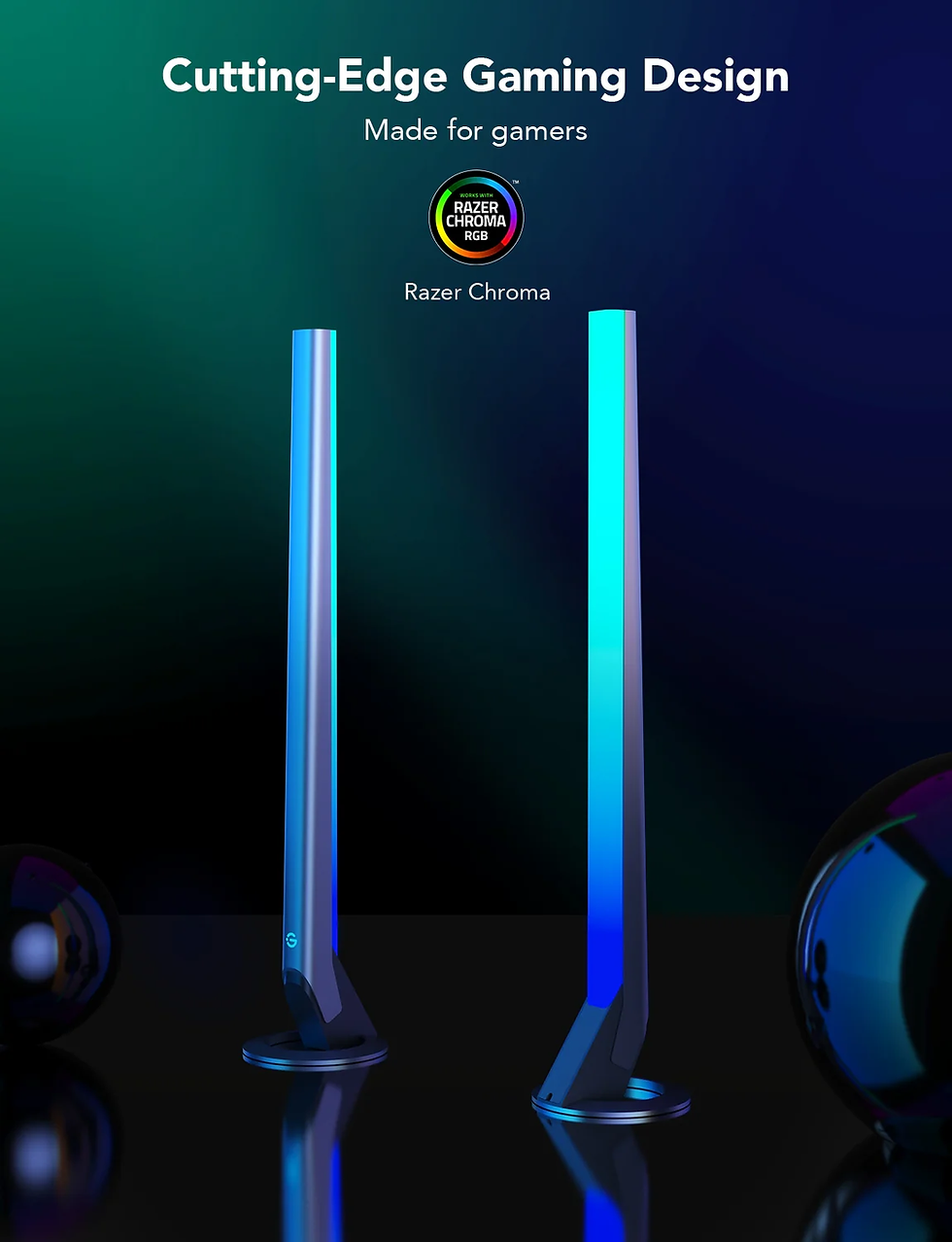Two sleek, blue gaming towers on a reflective surface. Text: "Cutting-Edge Gaming Design. Made for gamers. Razer Chroma." Dark, gradient background.