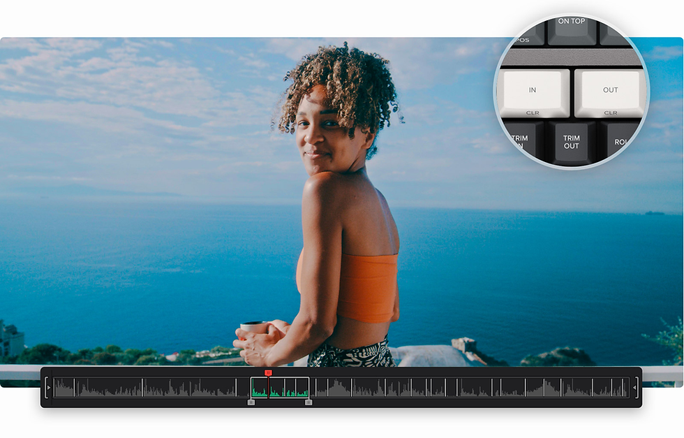 Woman in orange top smiles while holding a cup, overlooking the ocean. Inset shows keyboard keys labeled IN and OUT. Timeline below.