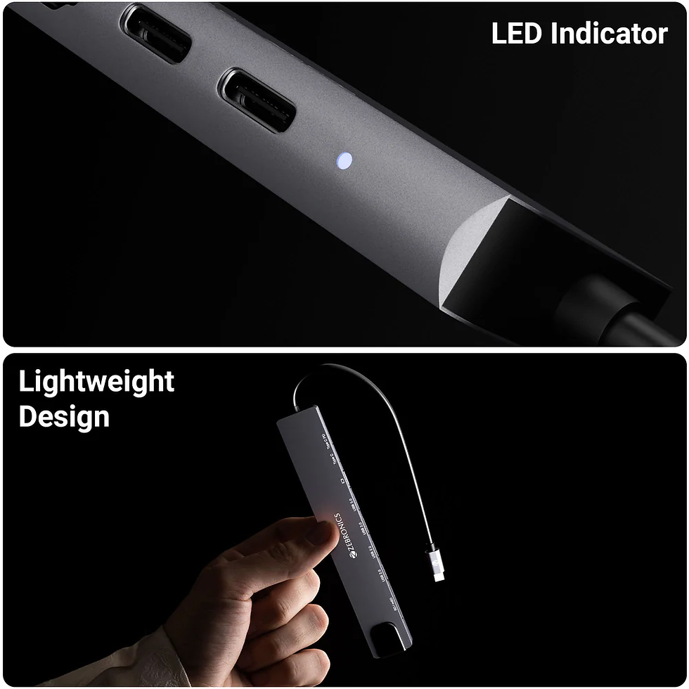 USB hub with LED indicator is held against a black background. Text: "LED Indicator" and "Lightweight Design." Sleek and modern look.