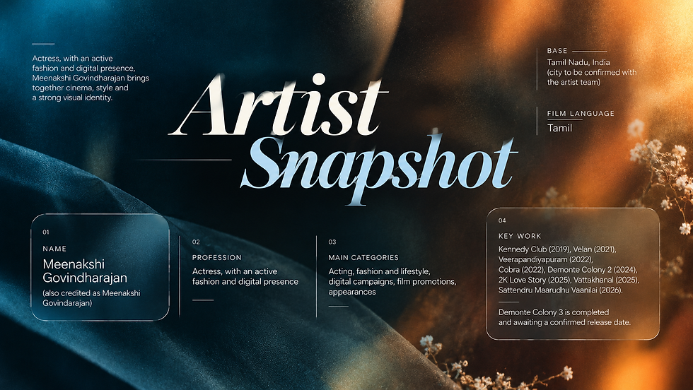 Stylish poster titled Artist Snapshot for actress Meenakshi Govindharajan, with blue-orange glow and film details.