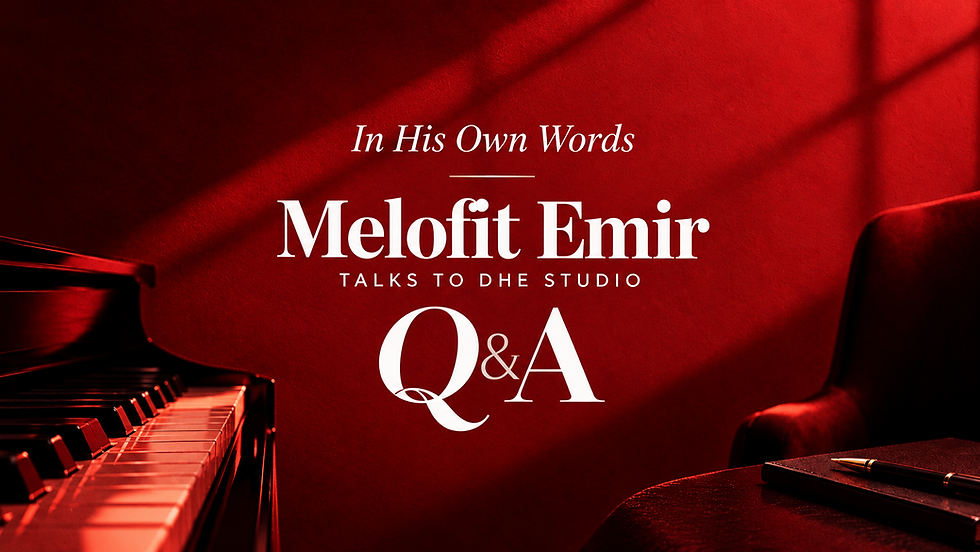Red interview title card with piano keys and chair: In His Own Words, Melofit Emir Talks to DHE Studio, Q&A