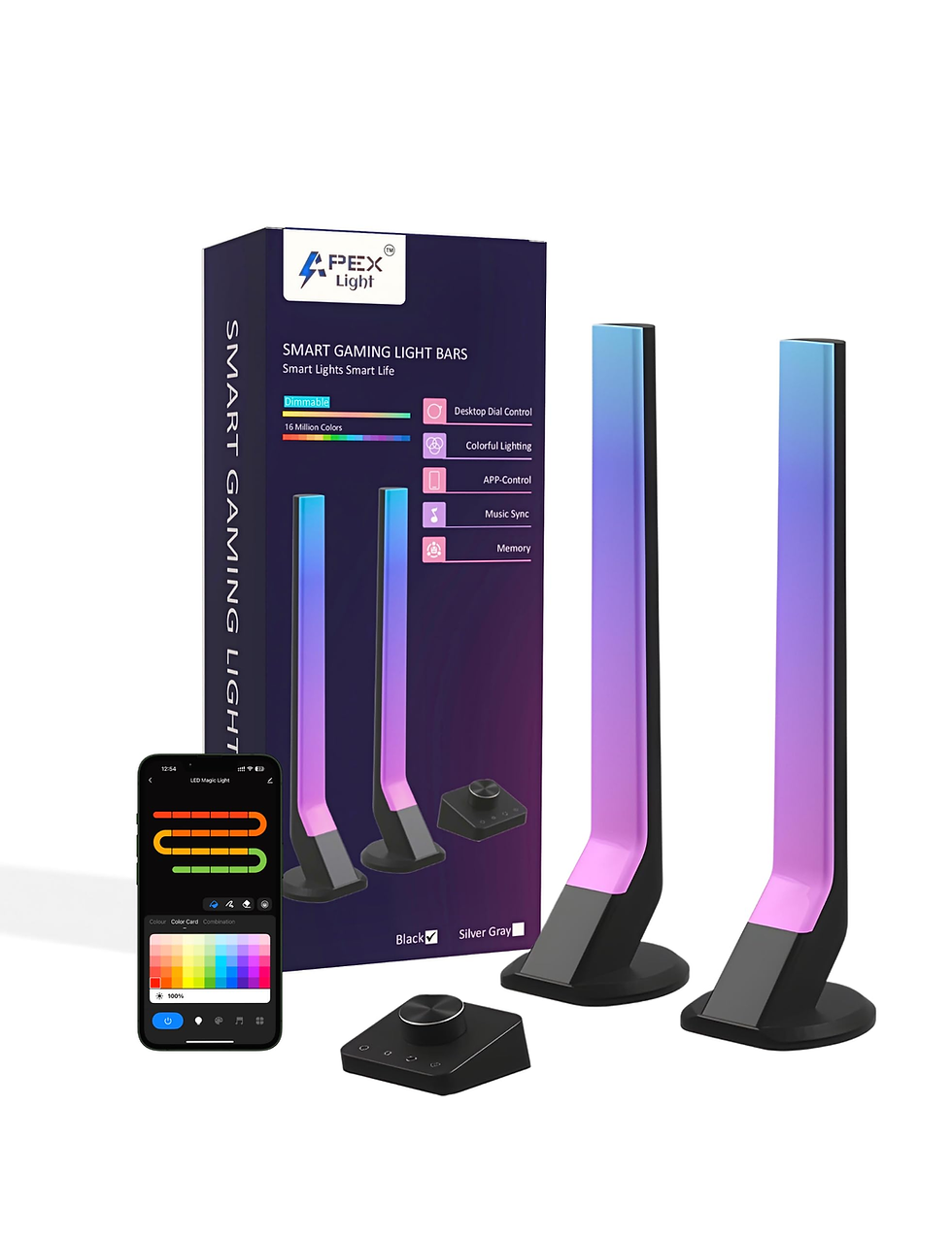 Smart gaming light bars with gradient colors displayed. Box highlights features like app control and music sync. Included mobile and dial control shown.