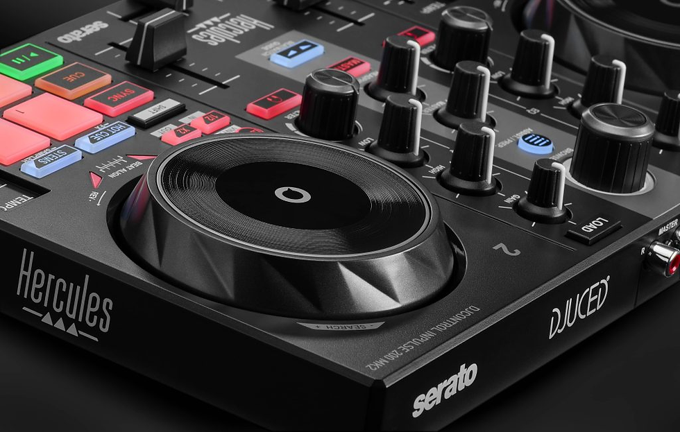 Close-up of a black DJ controller with colorful buttons, knobs, and a large jog wheel. Text reads "Hercules" and "DJUCED."
